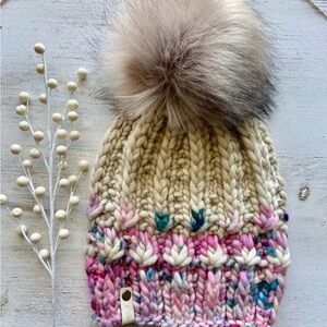 Hand Knit Chunky Beanie - Faux Fur Pom - Malabrigo Rasta Yarn